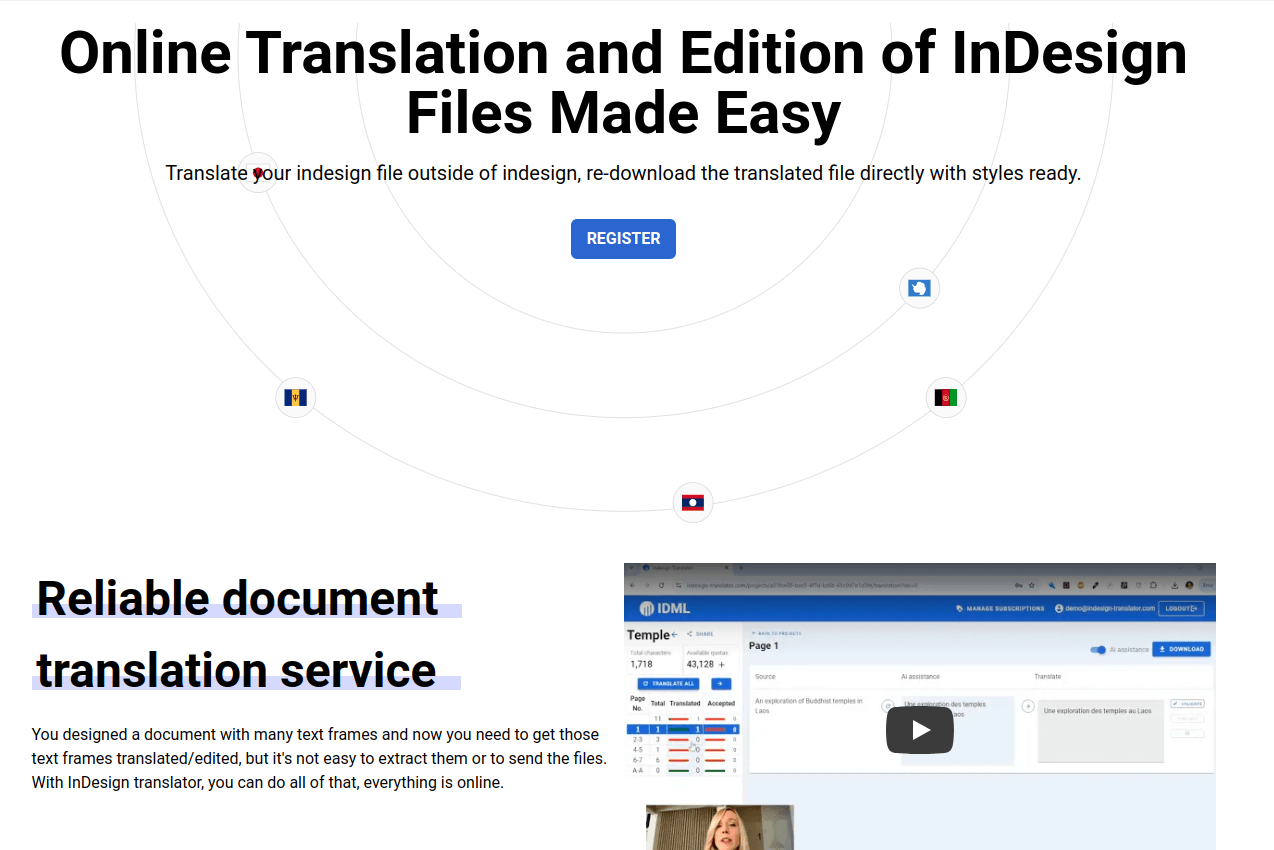 La home page d'InDesign translator.